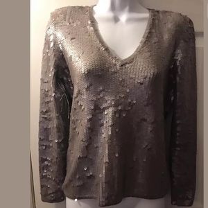 New WORTH Sequin V-Neck Sweater Taupe Silk Brown
